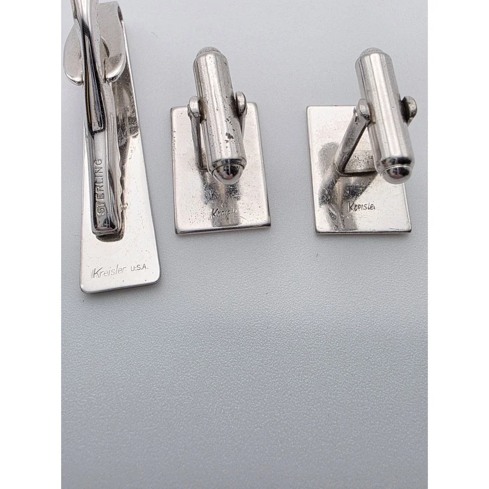 Vintage‎ KREISLER USA Cufflinks Tie Clip/Bar Set 925 Sterling Silver & Black